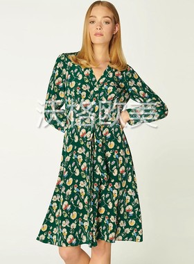 沃格 英国LKB牌春夏新款清新绿色缤纷彩色花朵印花系带真丝连衣裙