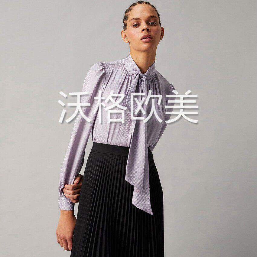 沃格设计师春夏新品明星同款精致格子提花女系带领桑波缎真丝衬衫