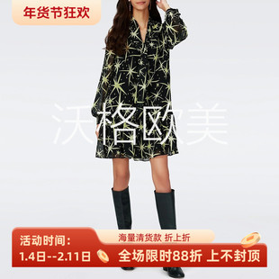 沃格D早春新款时髦浪漫黑黄绿星星印花系带V领宽松长袖雪纺连衣裙