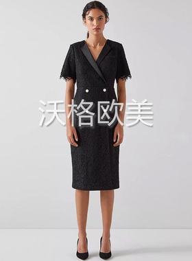 沃格LKB春夏新款黑白红3色西装驳领双排扣优雅钩花蕾丝短袖连衣裙