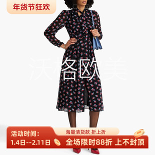 沃格 D早春新款柔美红蓝玫瑰花朵印花系带收腰女神中长雪纺连衣裙