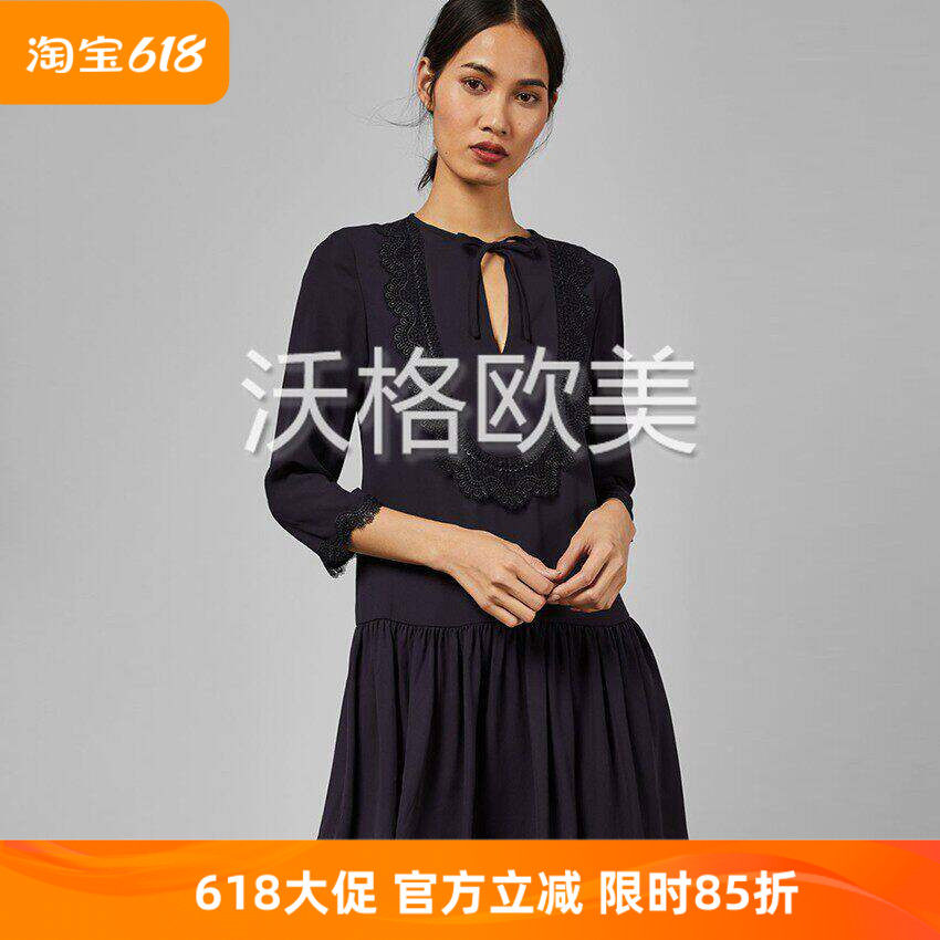 沃格 英国TB牌秋冬新款精致蕾丝花边拼接蝴蝶结系带V领优雅连衣裙