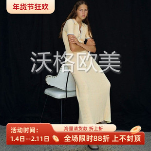 沃格澳洲AQ早春新品柔美黄蓝镶边POLO领坑条弹力中长款针织连衣裙