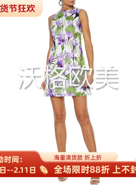沃格 美国AO牌春夏新款清新柔美紫花绿枝叶印花无袖棉质A字连衣裙