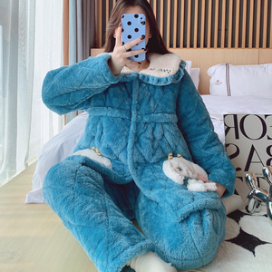 三层夹棉月子服冬季产后哺乳孕妇睡衣秋冬款珊瑚绒加绒加厚两件套