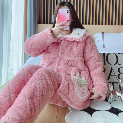 珊瑚绒三层夹棉睡衣女秋冬季加厚加绒孕妇哺乳月子服喂奶衣家居服