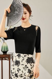 镂空露肩圆领套头醋酸短袖 明线撞色拼接T恤 女夏季