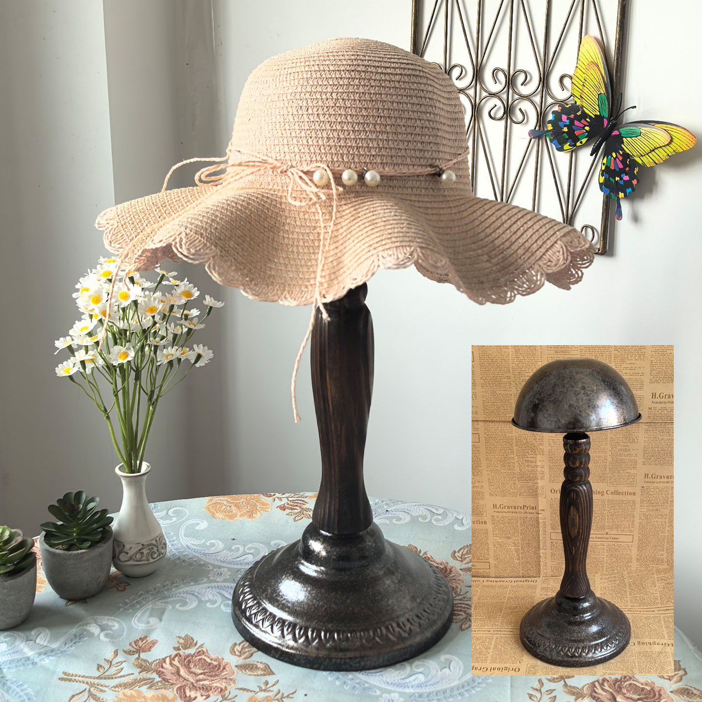 美式复古实木柱帽子展示收纳架