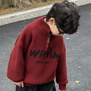 日本JGYPDM 2026新款男童加厚保暖毛衣红色拜年服半开衫儿童春秋