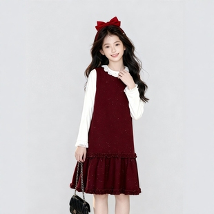 日本JGYP2026新款女童春秋连衣裙圆领时尚红色高级感洋气裙两件套