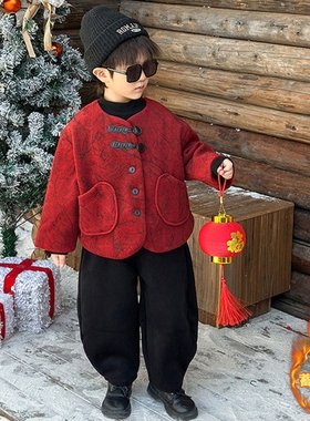日本JGYPDM 2026新款男童新年拜年服喜庆套装加绒加厚唐装两件套