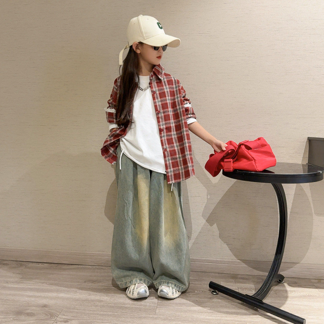 日本JGYP2026新款女童格子衬衫春秋套装百搭洋气阔腿牛仔裤两件套,童装/婴儿装/亲子装,套装,淘宝优惠券,粉丝福利购,淘宝优惠卷
