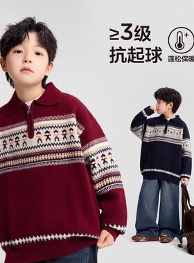 日本JGYPDM 2026新款费尔岛男孩大童针织上衣红色毛衣polo衫春秋