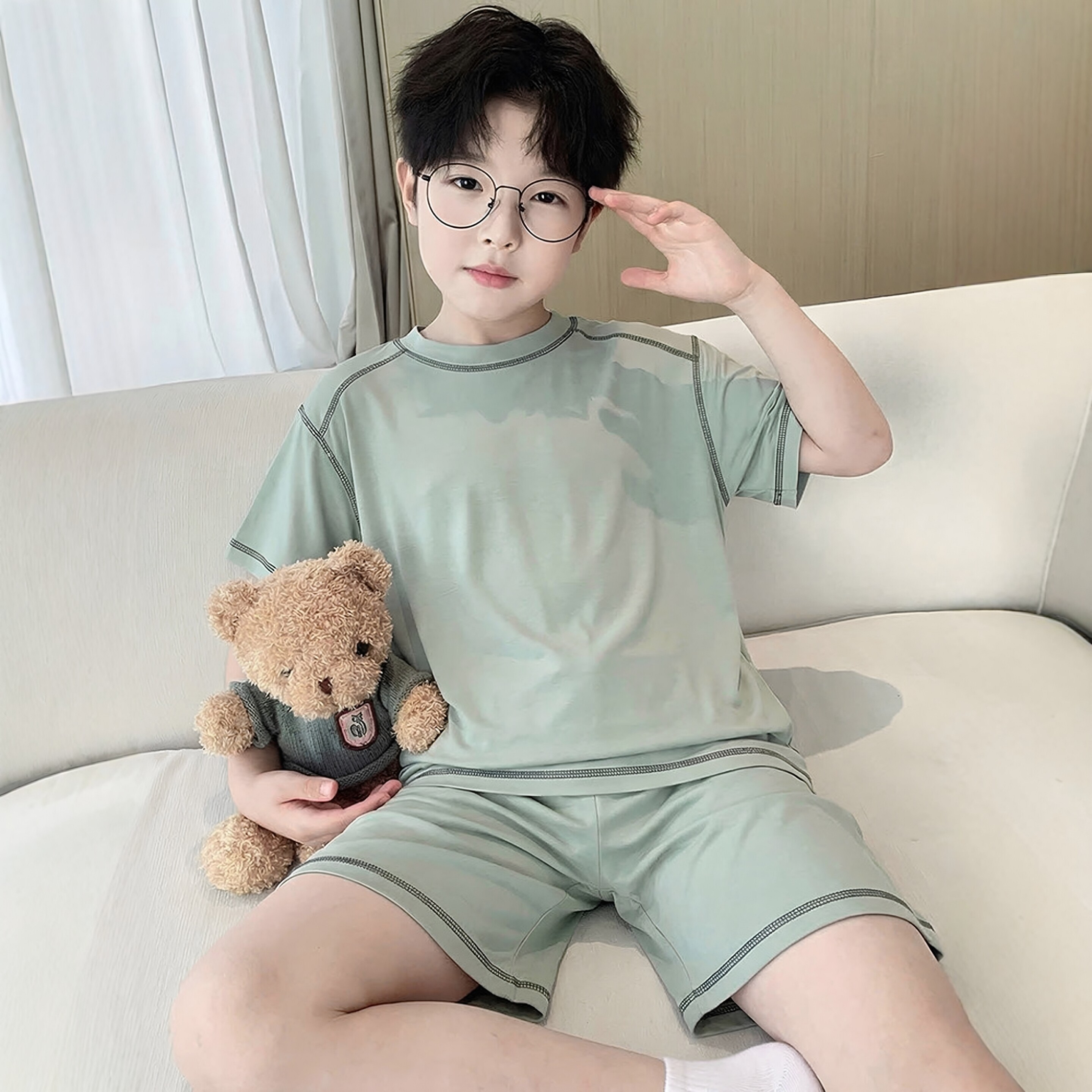 日本JGYP2026新款男童夏季睡衣套装儿童中大童冰丝短袖家居空调服