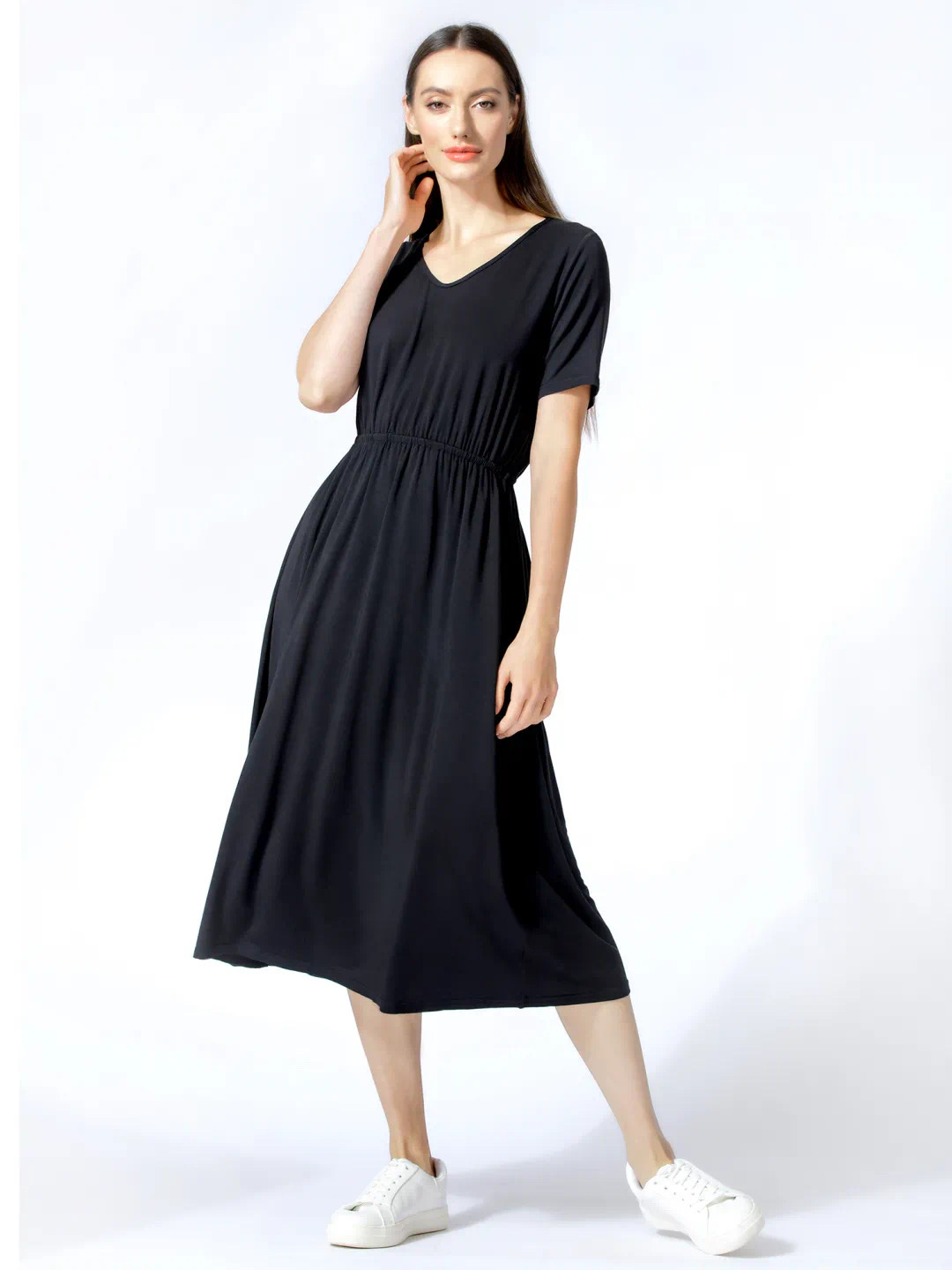 AUMNIE V领T恤连衣裙/V neck tee dress 套头纯色长裙