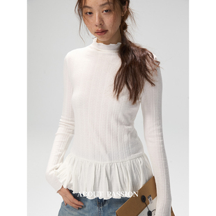 法式 荷叶边半高领打底衫 女 套头针织上衣 About 长袖 Passion