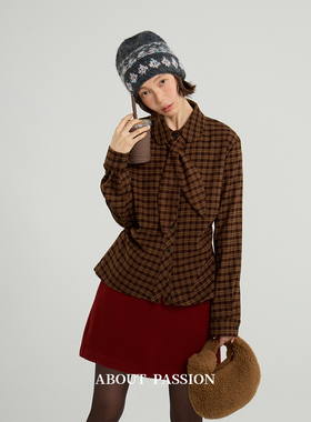 About Passion ·法式复古褶皱格子衬衫秋冬高级感Polo领叠穿上衣