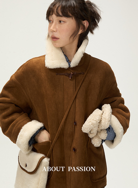 About Passion · 法式复古仿麂皮绒外套冬季美拉德棕色毛领上衣