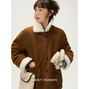 复古仿麂皮绒外套冬季 About 法式 美拉德棕色毛领上衣 Passion