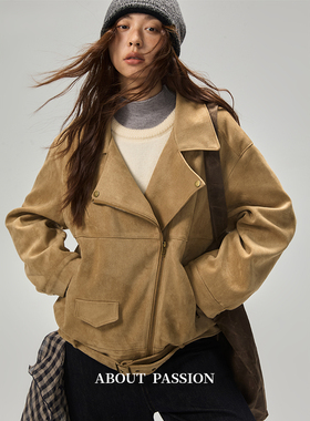 About Passion · 不对称斜拉链翻领廓形机车外套复古飞行夹克