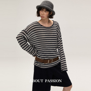 法式 慵懒条纹针织毛衣复古宽松松弛感套头上衣 Passion About