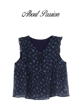 ABOUT PASSION · 法式复古木耳边碎花小衫女夏季V领系带上衣