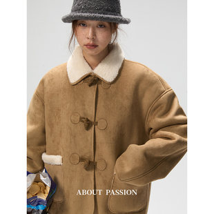 About Passion复古仿羊羔毛麂皮绒外套女秋冬设计感皮毛一体夹克