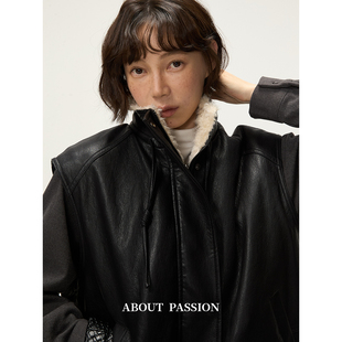 复古加绒马甲冬季 About 法式 立领抽绳黑色皮衣外套女 Passion