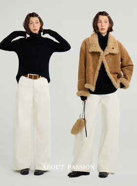 About Passion · 时尚通勤加绒毛呢休闲裤女冬季新款直筒牛仔裤