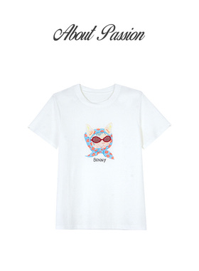 About Passion · 韩系通勤钉珠眼镜印花T恤通勤简约百搭上衣