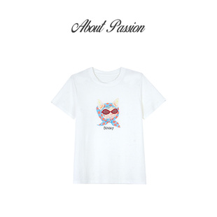 韩系通勤钉珠眼镜印花T恤通勤简约百搭上衣 About Passion