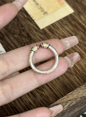 足银9999描金珐琅彩吉言喜乐祥云对口开口戒指女新中式国风指环