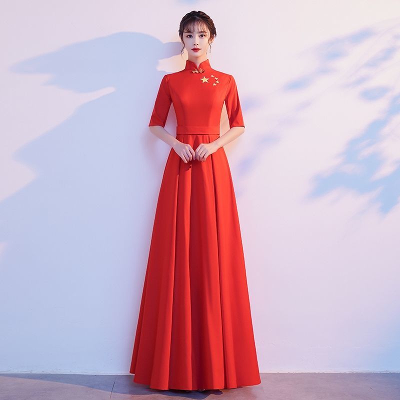 建党节红歌红色合唱服演出服长裙诗朗诵比赛表演服装主持指挥礼服