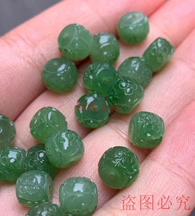 和田玉单珠配饰俄罗斯碧玉圆珠鼓珠12mm雕花菠菜绿diy小滴留