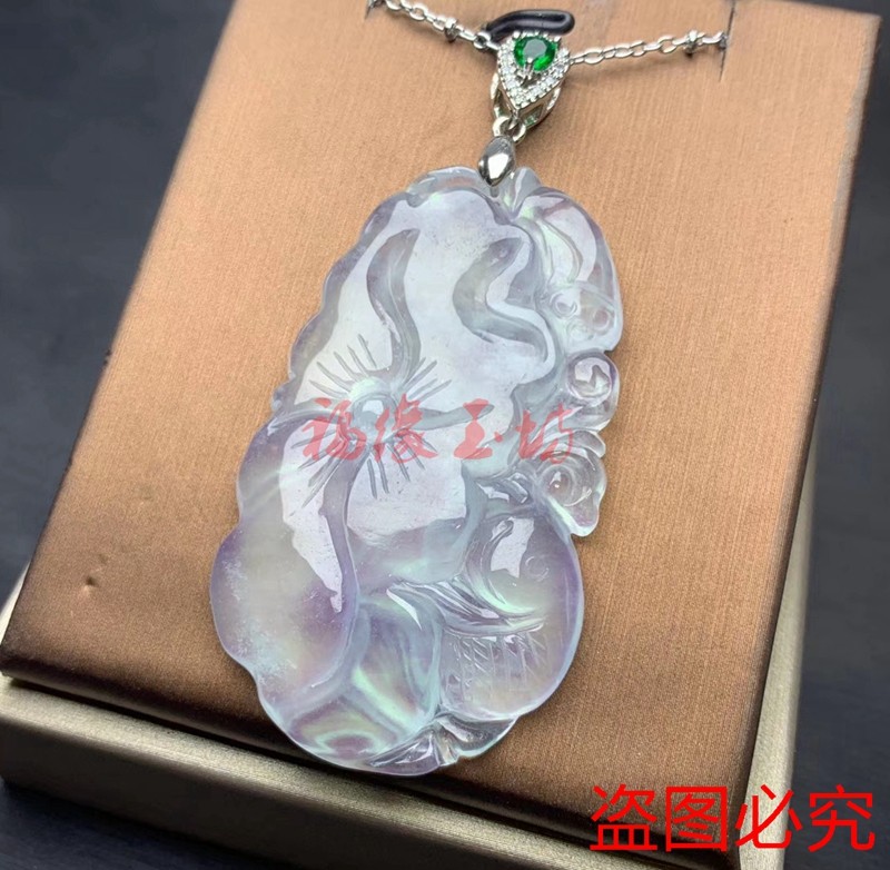 缅甸翡翠玉坠高冰种荷花荷叶鱼吊坠连年有余男女款挂坠包邮