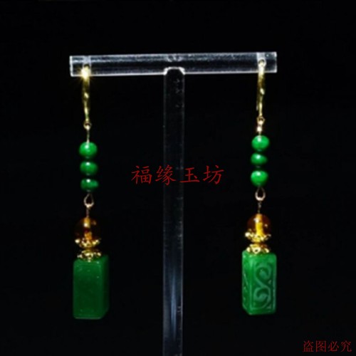 新款干青绿翡翠色桶珠耳环