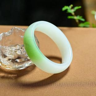 精仿和田青海翠玉镯白底翠青宽版平安镯女款玉石手镯送妈妈