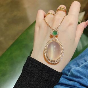 高冰种玉髓翡翠鸽子蛋面项链港工银镶嵌配蛇骨链女友高端礼物