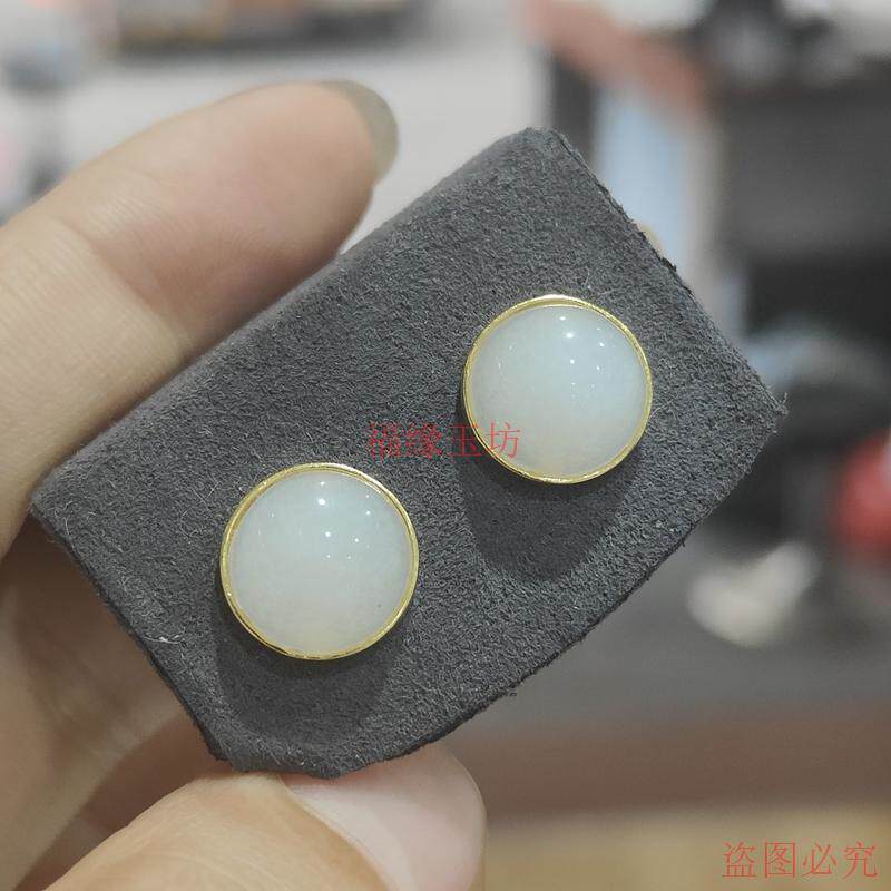 精品天然和田玉耳钉圆形羊脂白玉耳饰镶嵌女款
