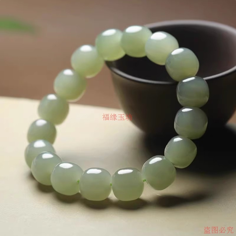 精品和田玉老型珠手串青白玉直切珠苹果珠手链男女同款玉石手饰