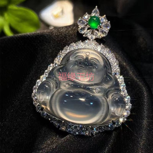 玉髓吊坠S925银镶嵌冰种马达加斯白玉髓大佛公笑佛