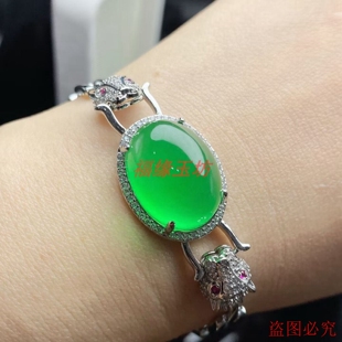 纯天然缅甸冰种鸽子蛋面镶嵌s925银翡翠玉石男女款阳绿手链