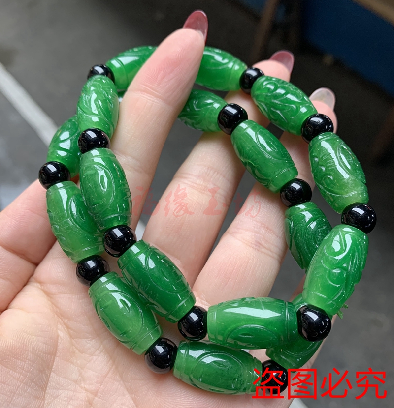 缅甸手串手链满绿墨翠干青