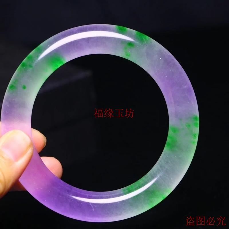 精品翡翠手镯老坑冰种春彩紫罗兰飘绿玉石镯子女款粗圆条福镯