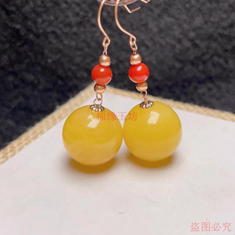 精品天然俄料琥珀蜜蜡鸡油黄圆珠耳坠18K金镶嵌南红精致百搭耳饰