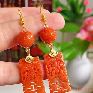 缅甸翡翠耳环回纹珠转好运双喜临门高档贵妇气质宫廷款