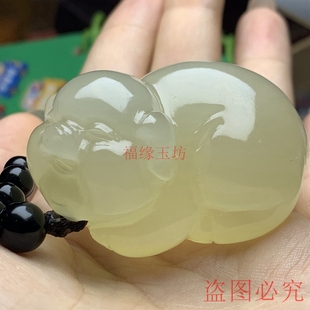 天然青白玉福气玉猪发财猪玉手把件纳福生肖猪猫眼玉挂件猪民族风