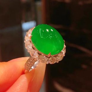 精品冰种正阳绿蛋面翡翠戒指925银镶嵌缅甸翡翠帝王绿满绿戒面