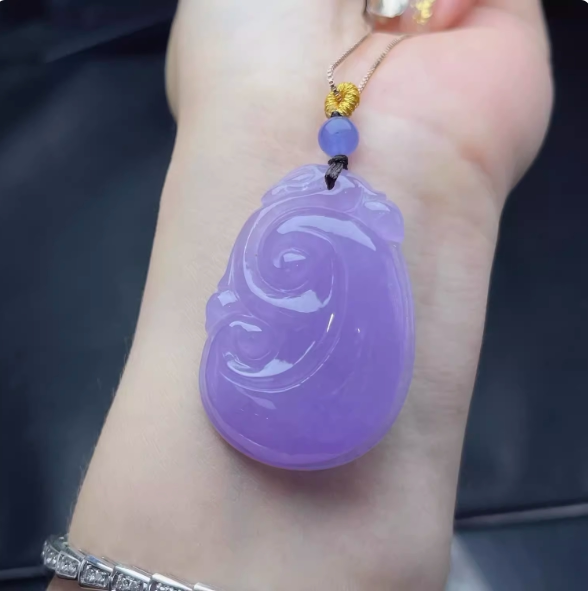 新品缅甸冰种翡翠紫罗兰福寿如意吊坠男女雕刻款紫色玉如意挂件