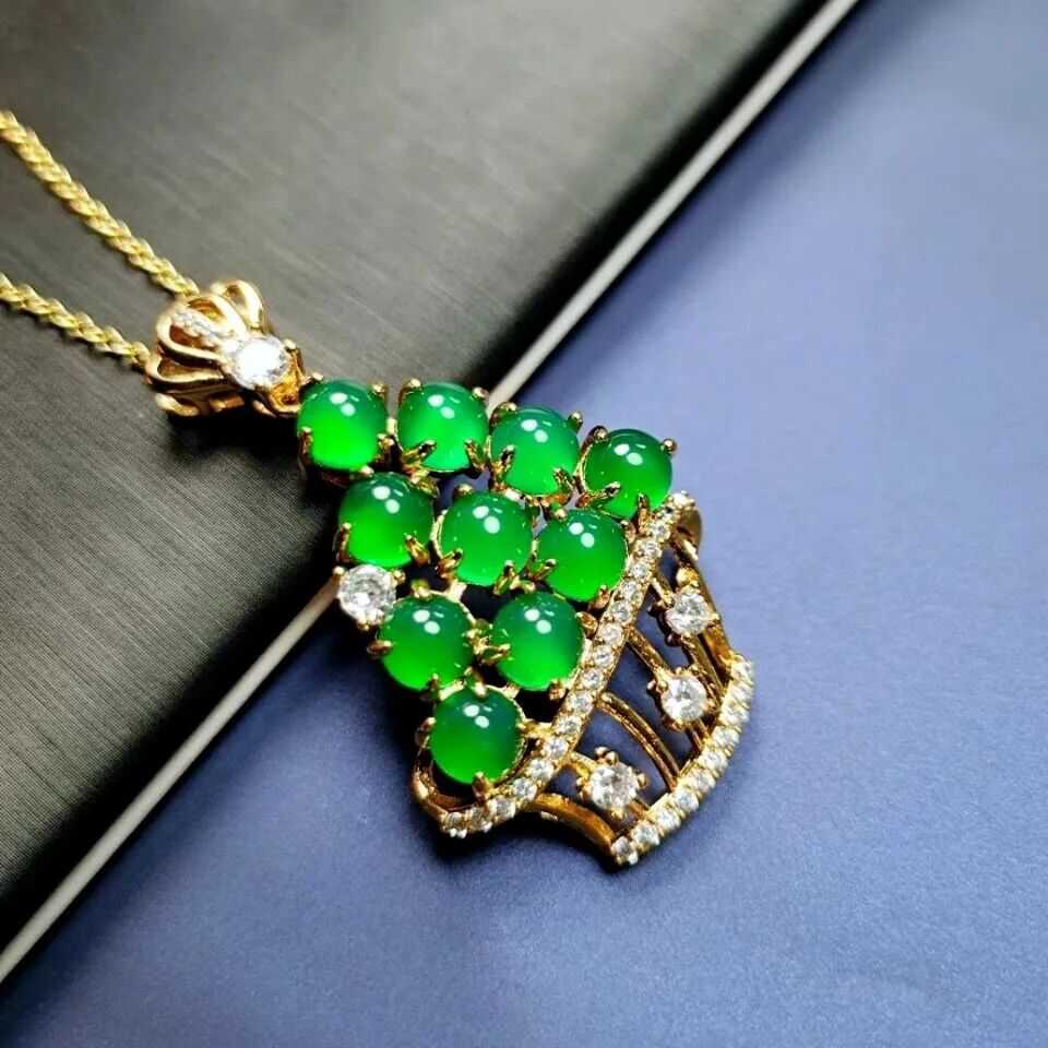 正品天然高冰玉髓925银镶绿玉髓摇钱树吊坠女款饰品